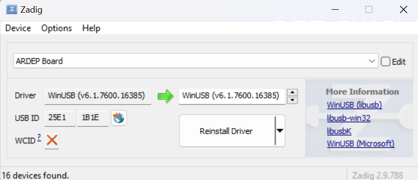 Installing WinUSB driver using Zadig